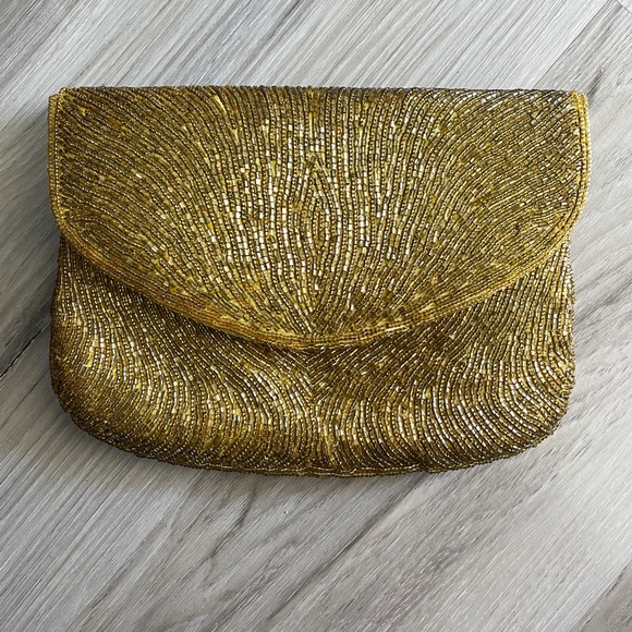 Delill 1950s Vintage Gold Hand Beaded Evening Clutch Purse with Chain - Picture 2 of 12